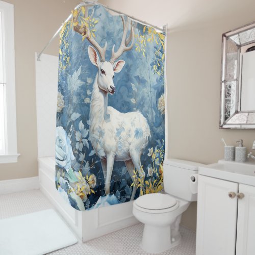 White Deer and Gold Damask Shower Curtain