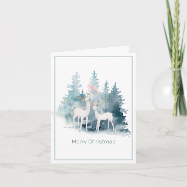 White Deer and Pine Trees Christmas Holiday Card (Front)