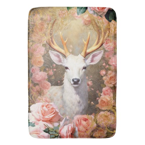 White Deer and Pink Flowers Bath Mat