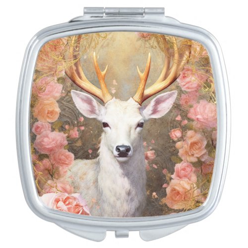 White Deer and Pink Flowers Compact Mirror