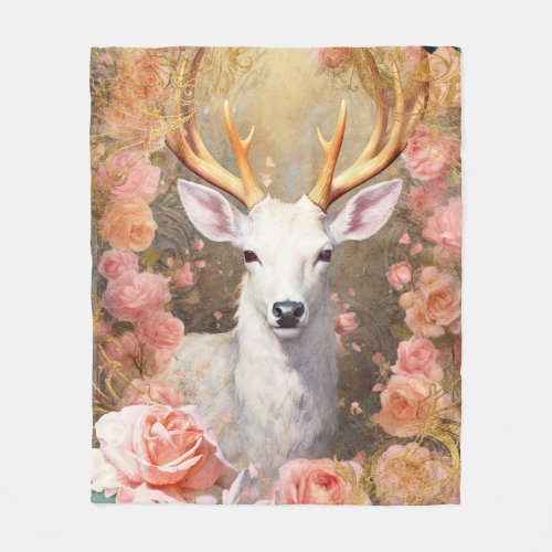 White Deer and Pink Flowers Fleece Blanket
