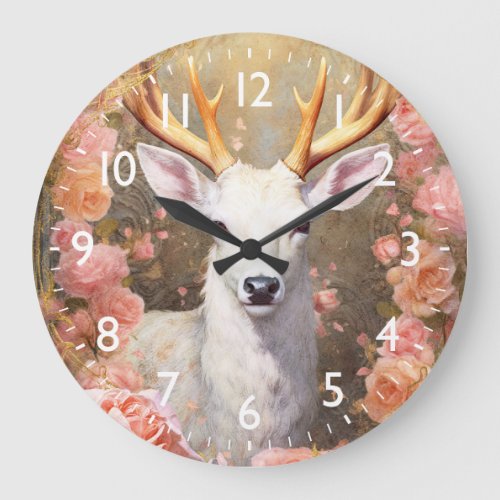 White Deer and Pink Flowers Large Clock