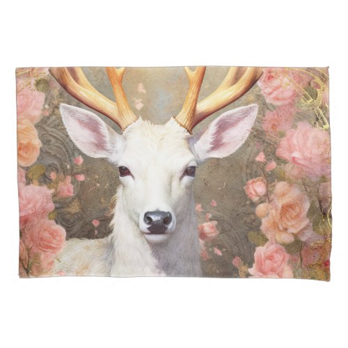 White Deer and Pink Flowers Pillow Case
