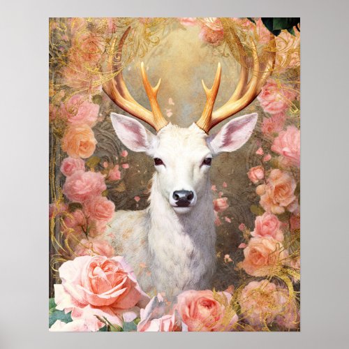 White Deer and Pink Flowers Poster