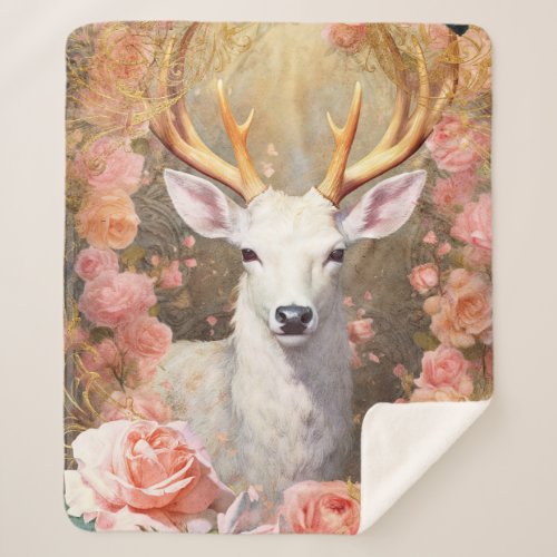 White Deer and Pink Flowers Sherpa Blanket