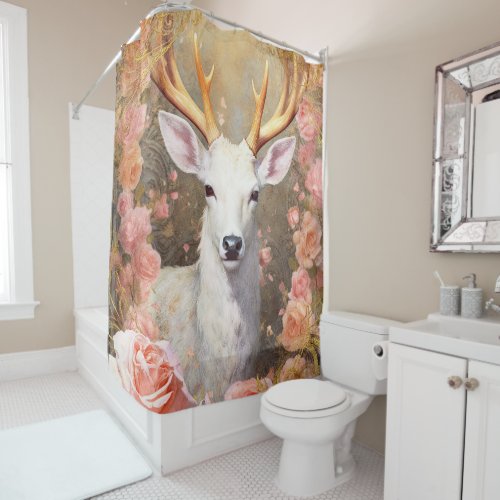 White Deer and Pink Flowers Shower Curtain