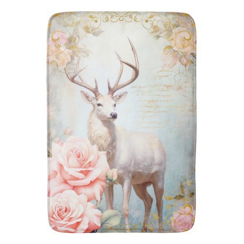 White Deer and Pink Roses Bath Mat