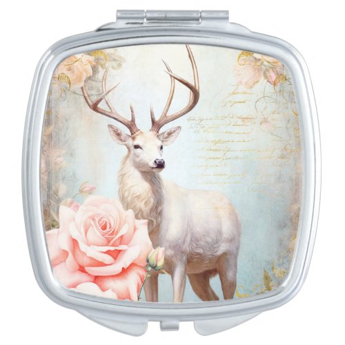White Deer and Pink Roses Compact Mirror
