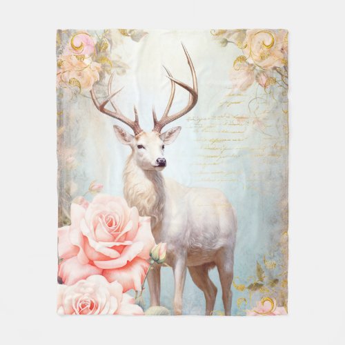 White Deer and Pink Roses Fleece Blanket
