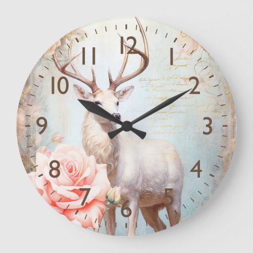 White Deer and Pink Roses Large Clock