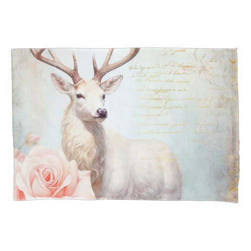 White Deer and Pink Roses Pillow Case