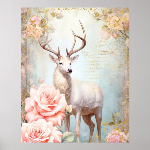 White Deer and Pink Roses Poster