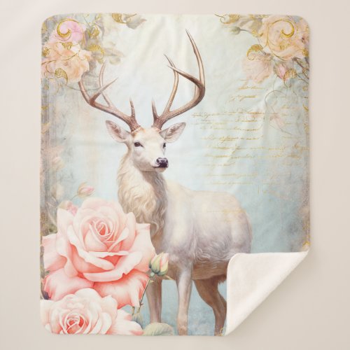 White Deer and Pink Roses Sherpa Blanket