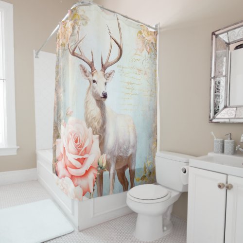 White Deer and Pink Roses Shower Curtain
