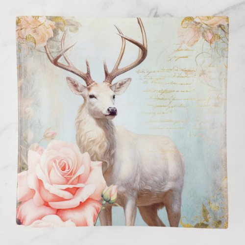 White Deer and Pink Roses Trinket Tray