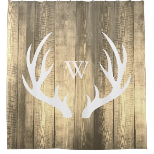 White Deer Antlers Antique Sepia Barn Wood Shower Curtain