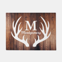 White Deer Antlers Barn Wood Planks - Personalized Doormat