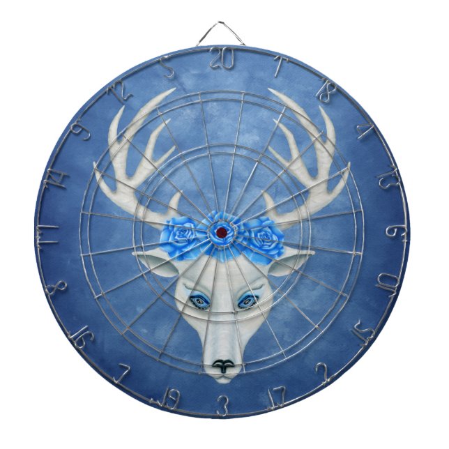 White Deer Antlers Blue eyes Roses Misty Blue Dart Board (Front)