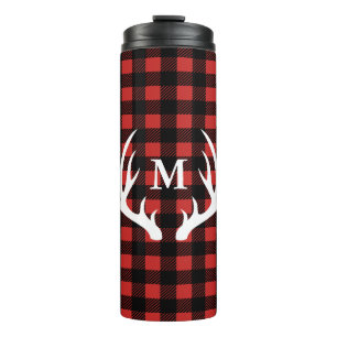 White Deer Antlers Buffalo Check Plaid & Initial Thermal Tumbler
