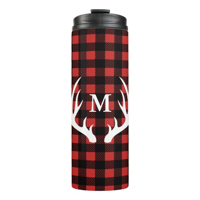White Deer Antlers Buffalo Check Plaid & Initial Thermal Tumbler (Front)