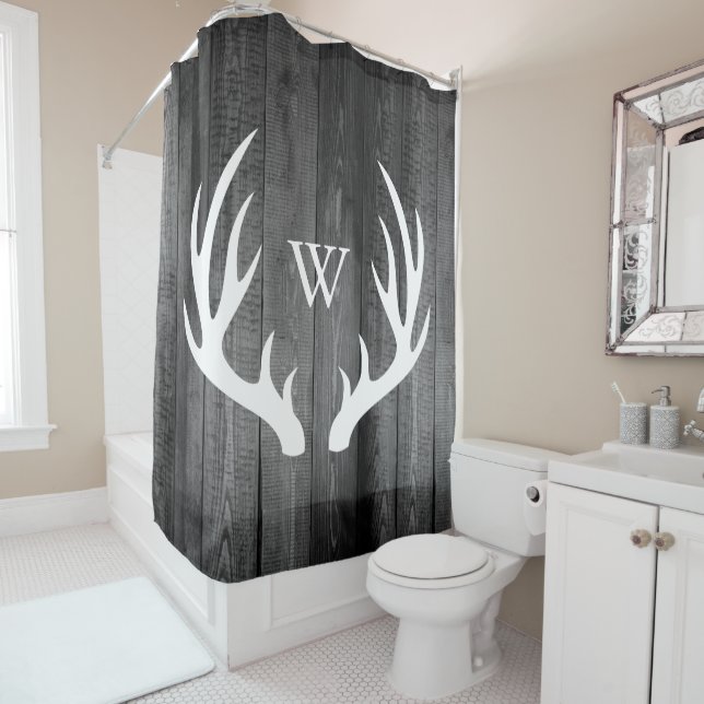 White Deer Antlers Dark Gray Barn Wood Monogram Shower Curtain (In Situ)