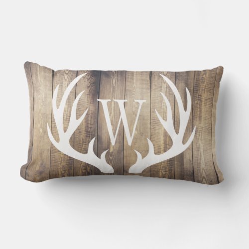 White Deer Antlers Farmhouse Wood Monogram Lumbar Pillow