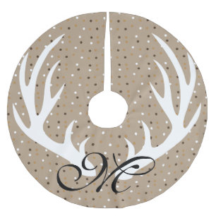 White Deer Antlers Gold Confetti Black Monogram Brushed Polyester Tree Skirt