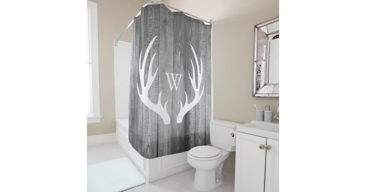 White Deer Antlers Gray Barn Wood Monogram Shower Curtain Zazzle Com