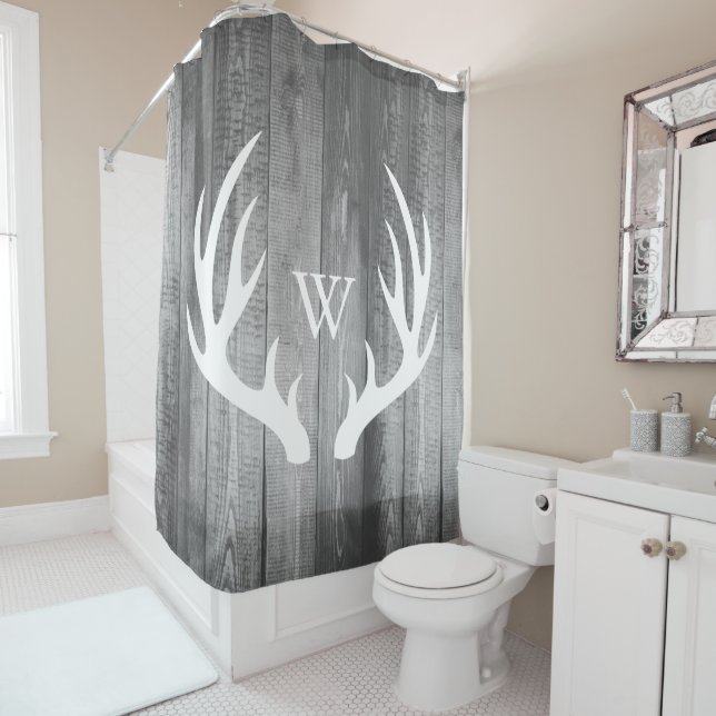 White Deer Antlers Gray Barn Wood Monogram Shower Curtain (In Situ)