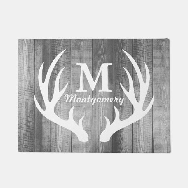 White Deer Antlers Gray Barn Wood Planks Monogram Doormat (Front)