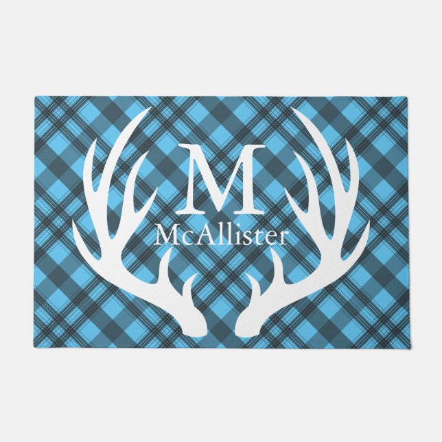 White Deer Antlers Grey Tartan Plaid Personalized Doormat (Front)