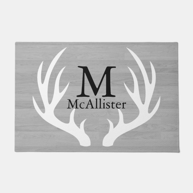 White Deer Antlers Grey Wood Personalized Doormat (Front)