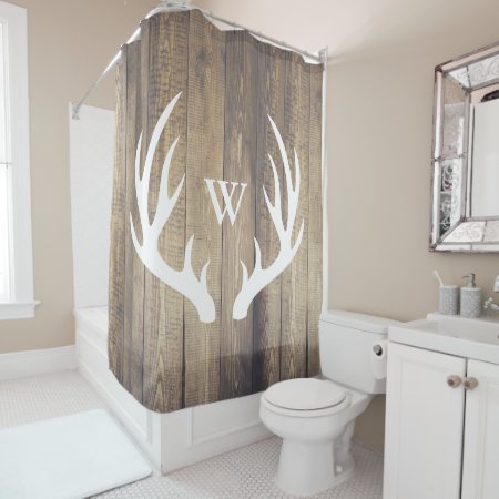 White Deer Antlers Light Barn Wood Monogrammed Shower Curtain