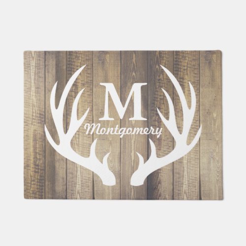 White Deer Antlers Light Barn Wood Planks Monogram Doormat