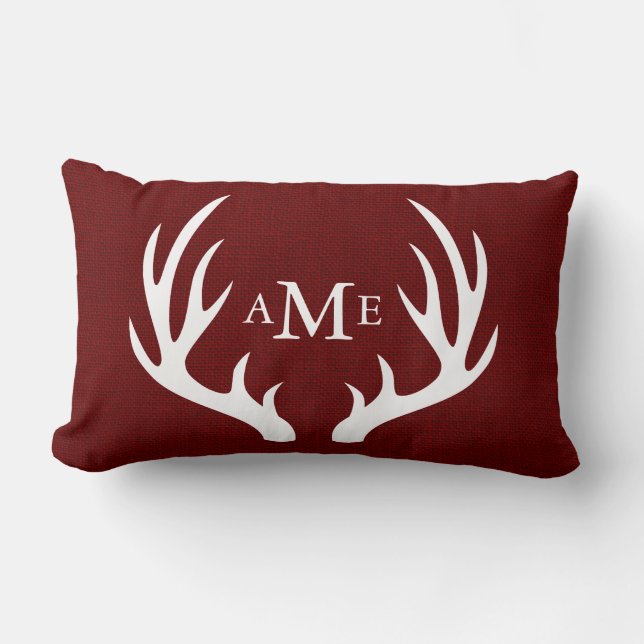 White Deer Antlers Monogram Rustic Red Burlap Lumbar Pillow (Front)