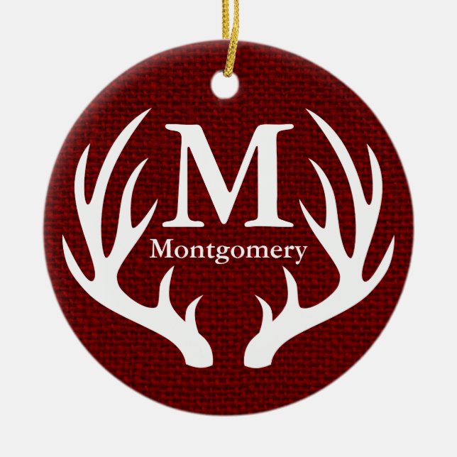 White Deer Antlers Red Faux Burlap Family Name Ceramic Ornament (Front)