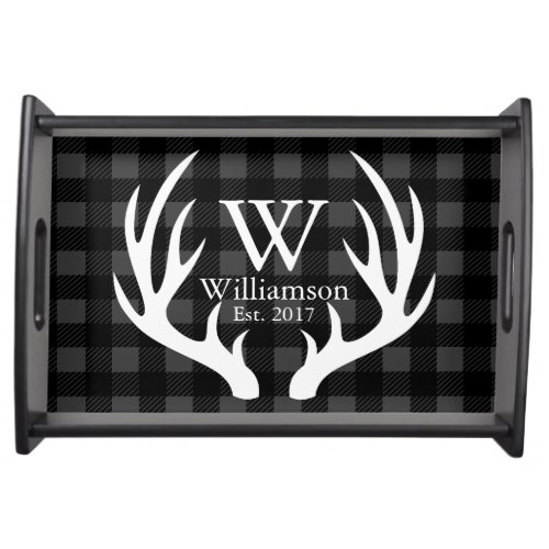 White Deer Antlers Rustic Buffalo Check Plaid Serving Tray