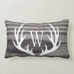 White Deer Antlers Weathered Wood Monogram Lumbar Pillow