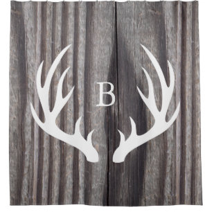 White Deer Antlers Weathered Wood Monogram Shower Curtain