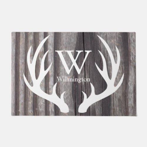 White Deer Antlers Weathered Wood _ Personalized Doormat