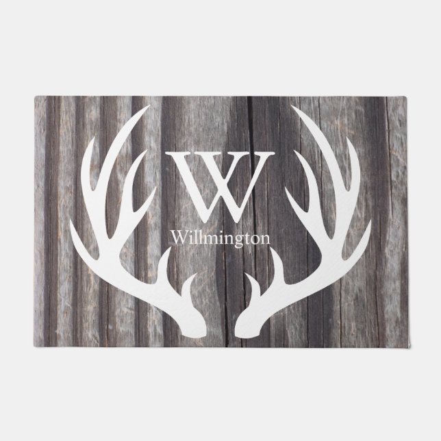 White Deer Antlers Weathered Wood - Personalized Doormat (Front)