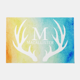 White Deer Antlers Yellow & Blue Watercolor Custom Doormat