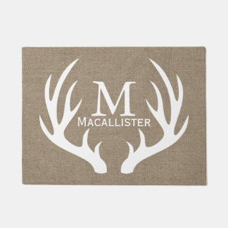 White Deer Buck Antlers and Burlap Family Name Doormat