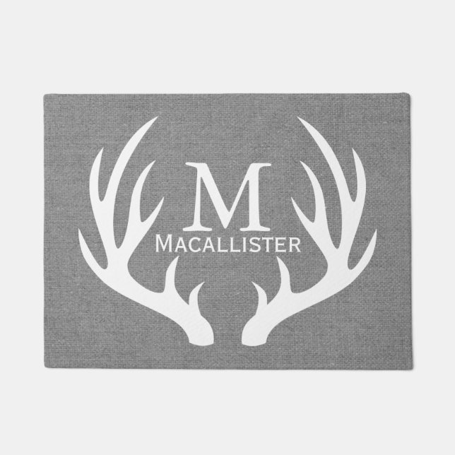 White Deer Buck Antlers & Faux Gray Burlap Doormat (Front)