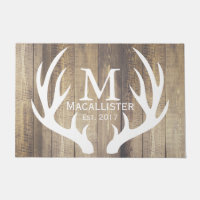 White Deer Buck Antlers & Rustic Wood Family Name Doormat