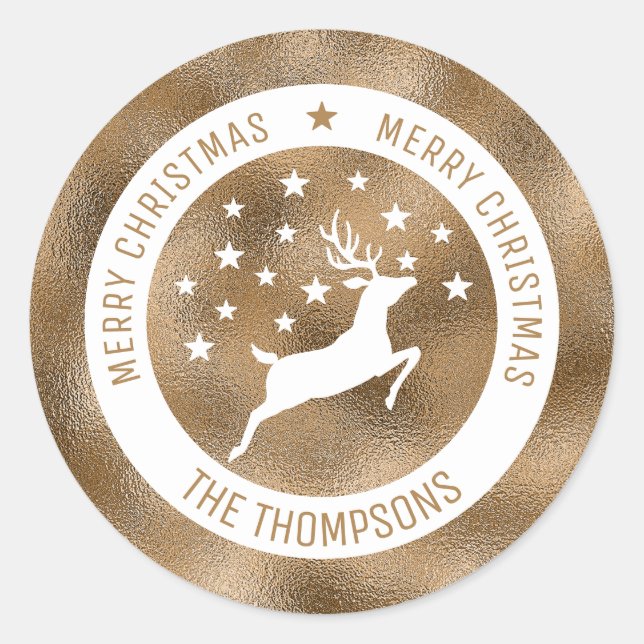 White Deer - Faux Golden Foil Look (Not Real Foil) Classic Round Sticker (Front)