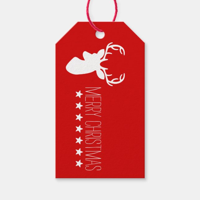 White Deer Head And Stars & Merry Christmas Text Gift Tags (Front)