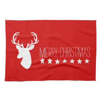 White Deer Head And Stars &amp; Merry Christmas Text Towel
