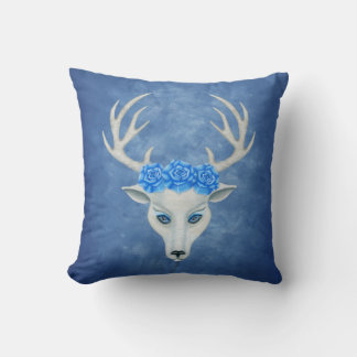 White Deer Head Antlers Blue Eyes Roses Misty Blue Throw Pillow