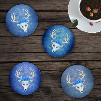 White Deer Head Antlers Blue Roses on Blues Coaster Set